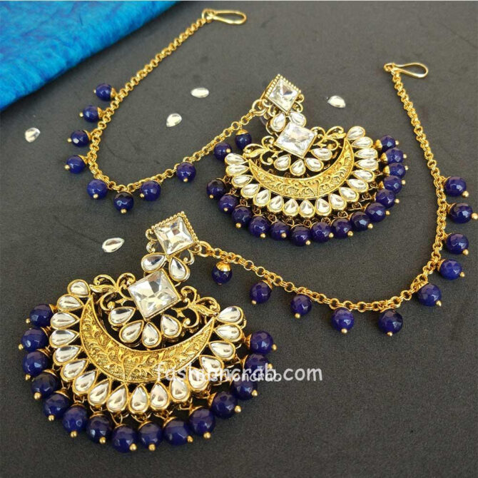 Dark Blue Pearl Kundan Earrings with Maangtikka for Lehenga Dark Blue Pearl Kundan Earrings with Maangtikka for Lehenga