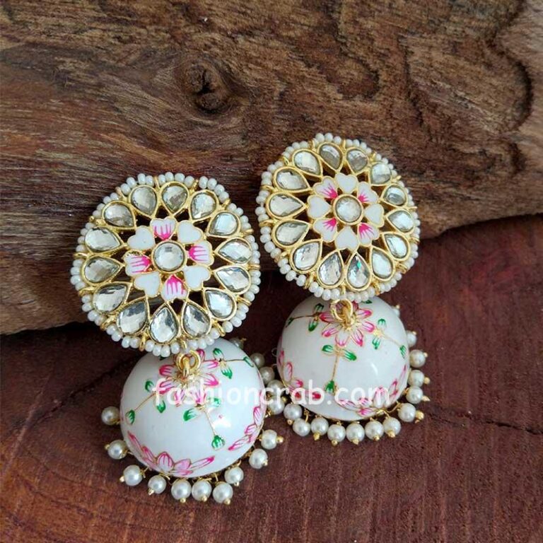Floral Hand Painted White Meenakari Jhumka for Women