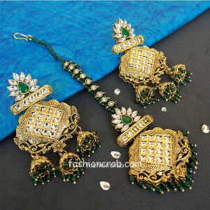 Gold Tone Pearl Earring with MaangTikka for Green Saree