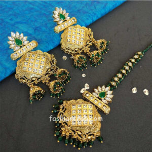 Gold Tone Pearl Earring with MaangTikka for Green Saree