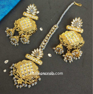 Gold Tone Pearl Earring with MaangTikka for Grey Saree