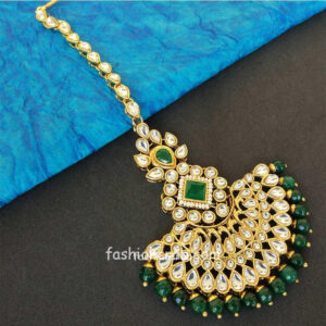 Green Colour Pearl Earrings with Maang Tikka Set