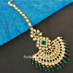Green Colour Pearl Earrings with Maang Tikka Set