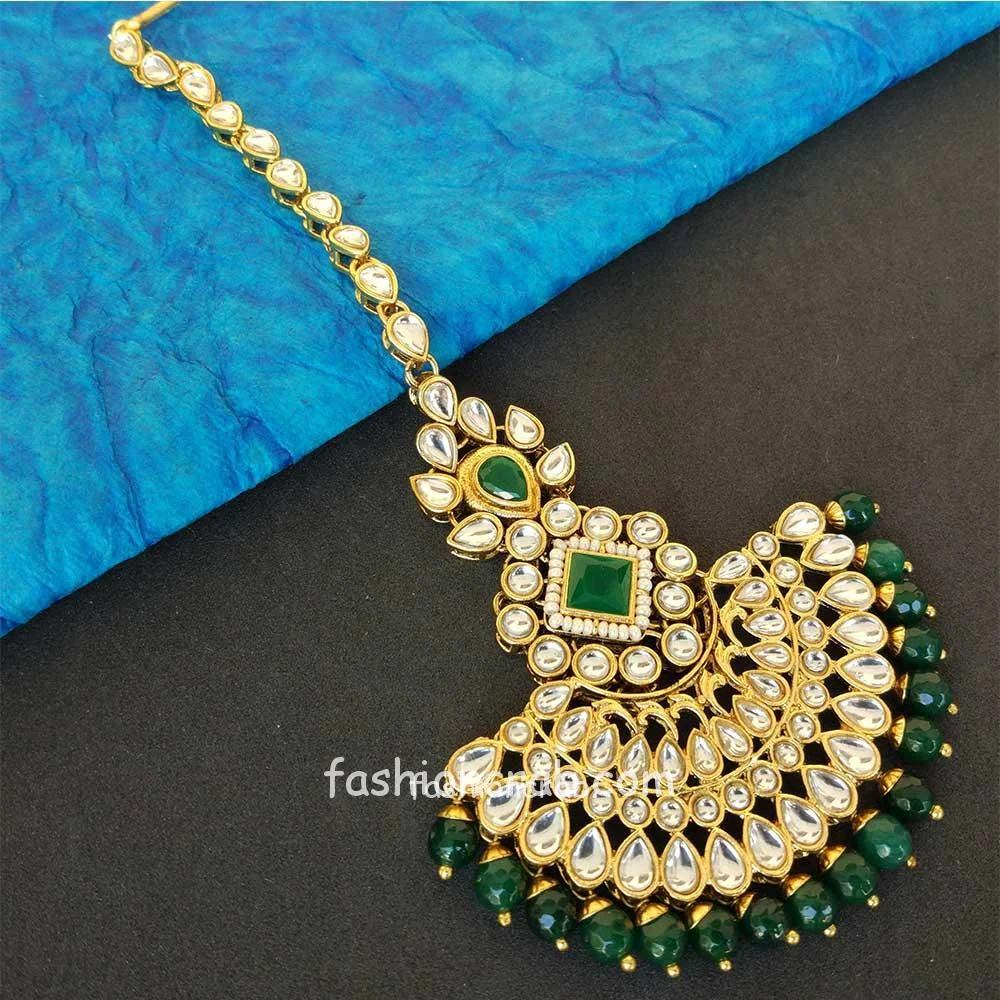 Green Colour Pearl Earrings with Maang Tikka Set