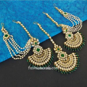 Green Colour Pearl Earrings with Maang Tikka Set