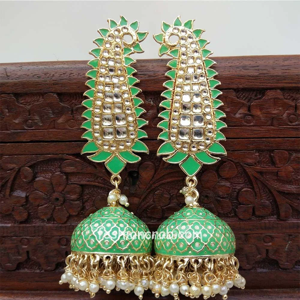 Green Meenakari Long Jhumka Earring