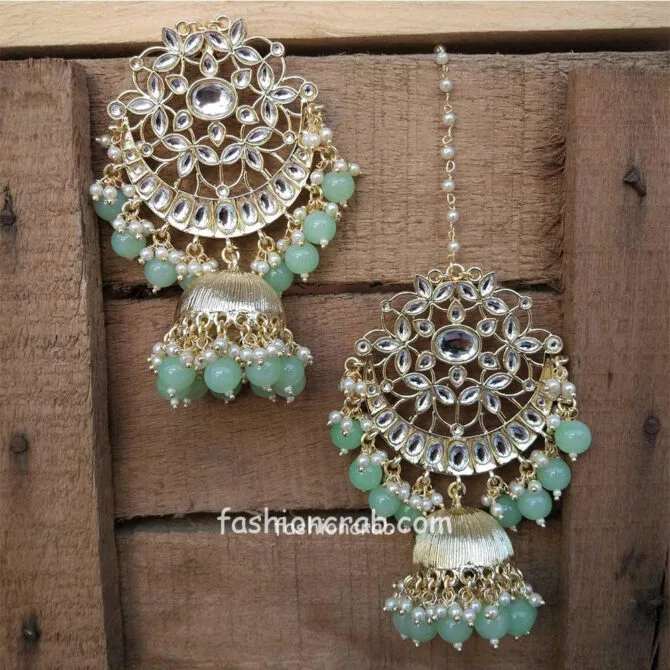 Green Pearl Kundan Celebrity Jhumka Earring Green Pearl Kundan Celebrity Jhumka Earring