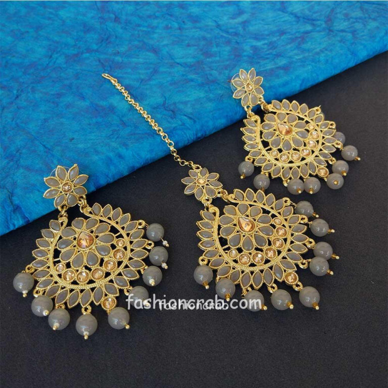 Grey Pearl Earrings with Tikka for Saree