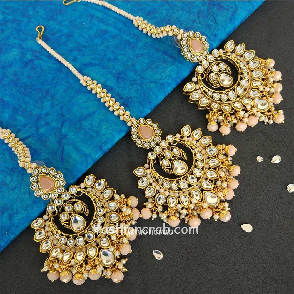 Aheli Kundan Parure collier et boucles d'oreilles ethniques indiennes Maang Tikka et pierres artificielles Bollywood Cadeau festif pour femme, Métal, Pas de gemme