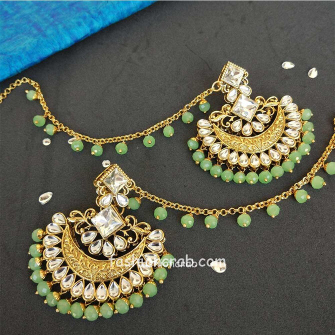 Light Green Pearl Kundan Earrings with Maangtikka for Lehenga