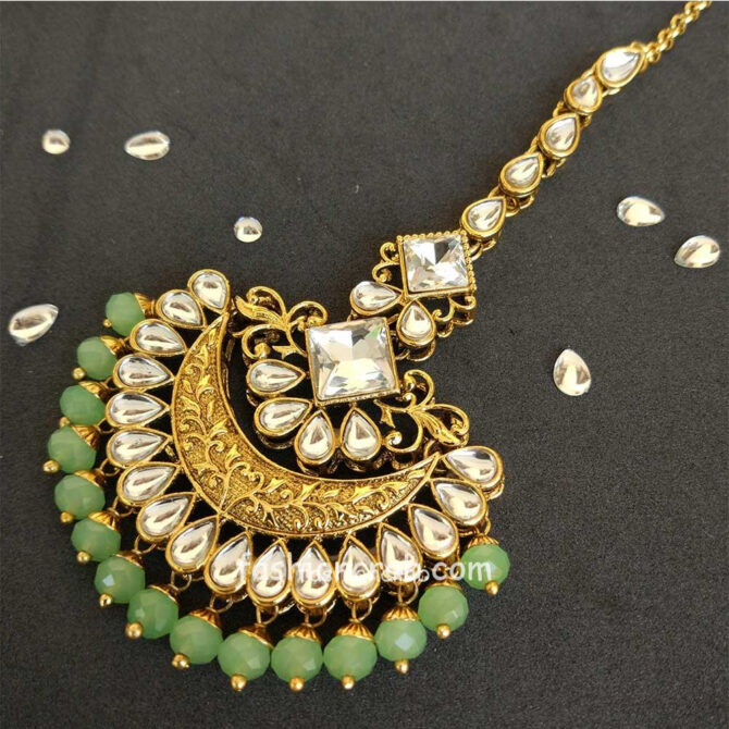 Light Green Pearl Kundan Earrings with Maangtikka for Lehenga