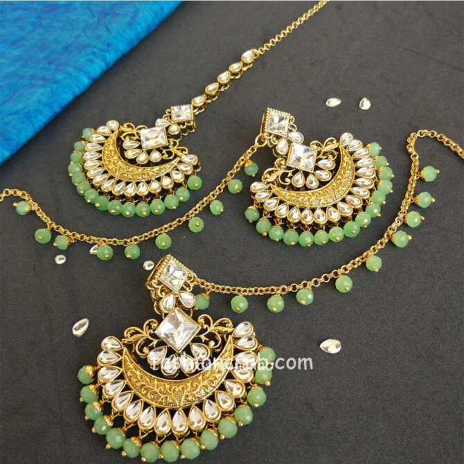 Light Green Pearl Kundan Earrings with Maangtikka for Lehenga Light Green Pearl Kundan Earrings with Maangtikka for Lehenga