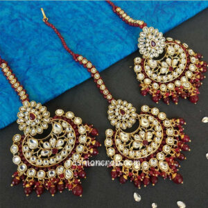 Maroon Colour Ethnic Kundan Earring with Maangtikka Set