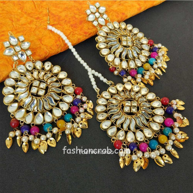 Multicolor Pearl Pipal Patti Kundan Earrings with Tikka Multicolor Pearl Pipal Patti Kundan Earrings with Tikka