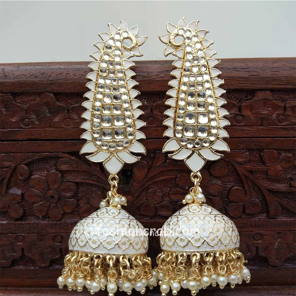 White Meenakari Long Jhumka Earring