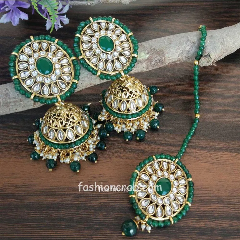 Green Kundan Jhumka with Maangtikka for Bride