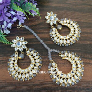 Grey Gold Tone Kundan Beaded Jewellery Set for Wedding