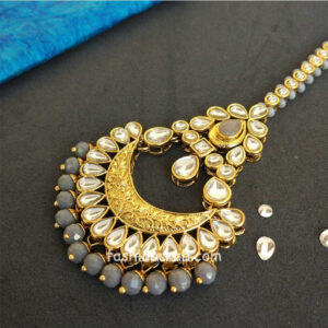 Grey Pearl Kundan Embellished Stone Earring with Maang Tikka