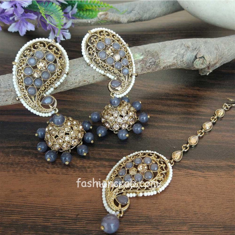 Grey Pearl Polki Jhumki with Maangtikka