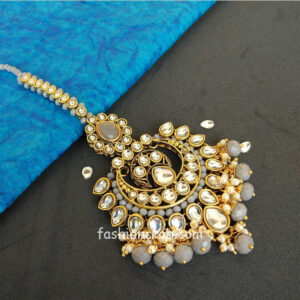 Kundan Maang Tikka with Earring for Grey Saree