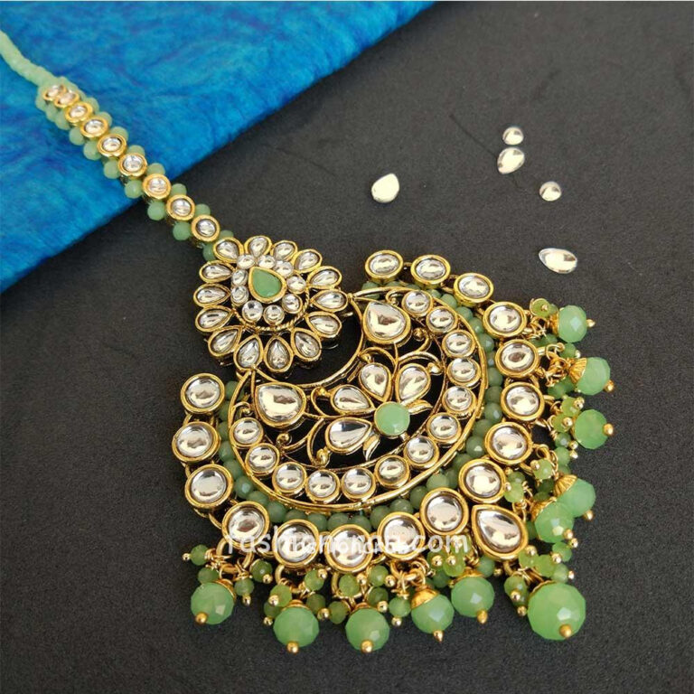 Light Green Colour Ethnic Kundan Earring with Maangtikka Set