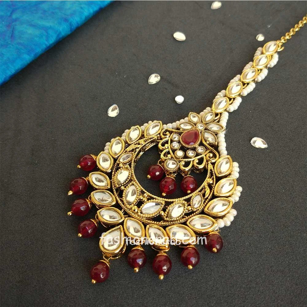 Maroon Pearl Earring with Maang tikka for Festival