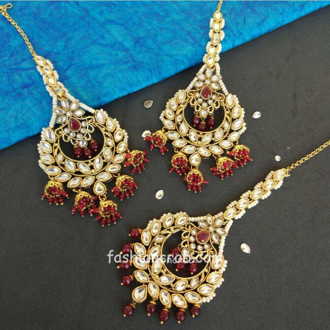 Maroon Pearl Earring with Maang tikka for Festival Maroon Pearl Earring with Maang tikka for Festival