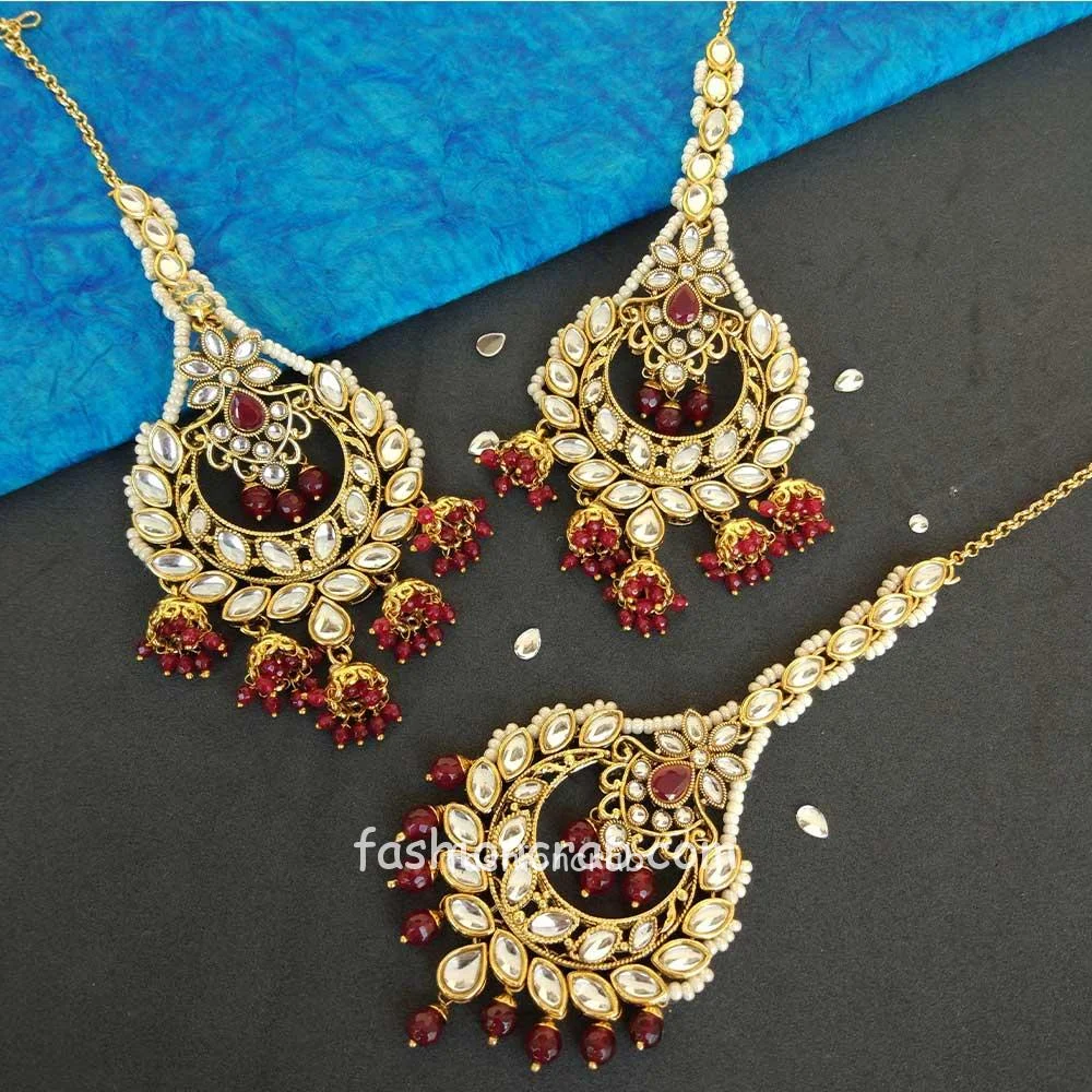Maroon Pearl Earring with Maang tikka for Festival