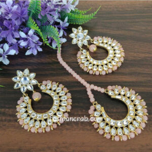 Peach Gold Tone Kundan Beaded Jewellery Set for Wedding