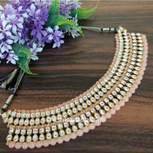 Peach Gold Tone Kundan Beaded Jewellery Set for Wedding
