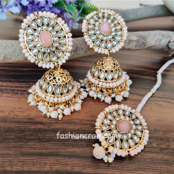 Peach Kundan Jhumka with Maangtikka for Bride Peach Kundan Jhumka with Maangtikka for Bride