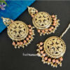 Peach Pearl Jadau Punjabi Earrings with Maang Tikka