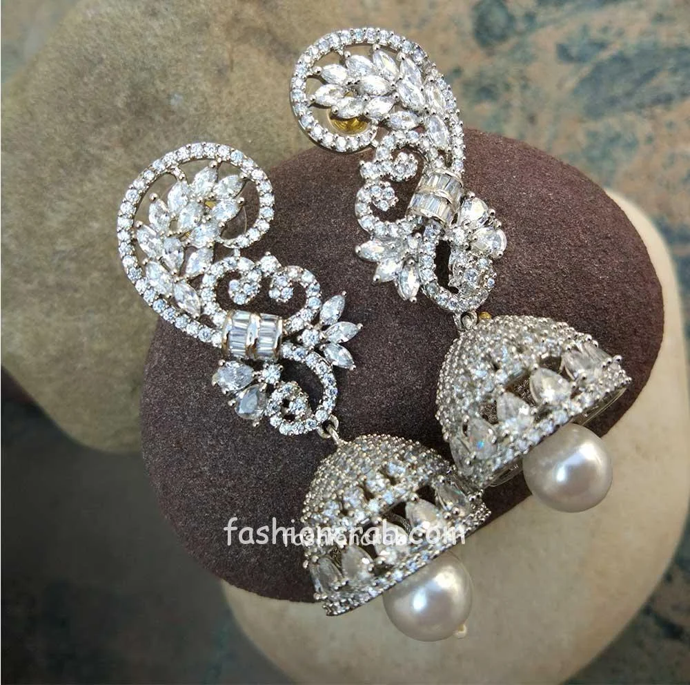 Silver Tone AD Stone Jhumka Earring