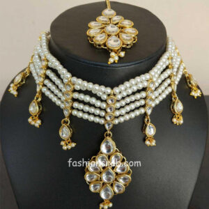 White Kundan Inspired Pearl Beaded Choker Necklace Set for Women