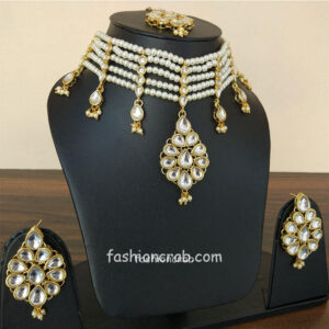 White Kundan Inspired Pearl Beaded Choker Necklace Set for Women