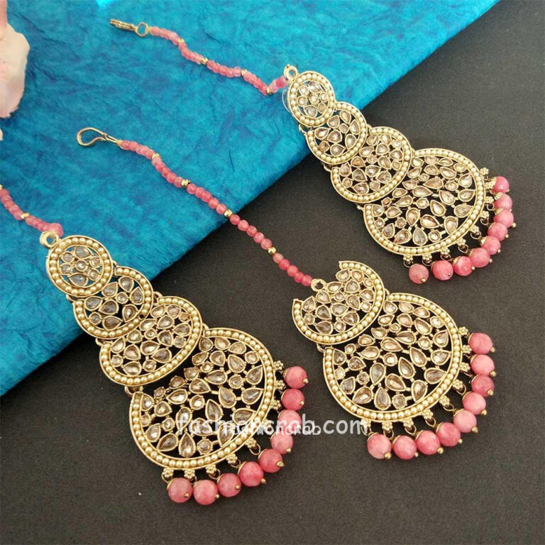 Coral Pink Pearl Kundan Stone Maangtikka Earring Set for Dulhan