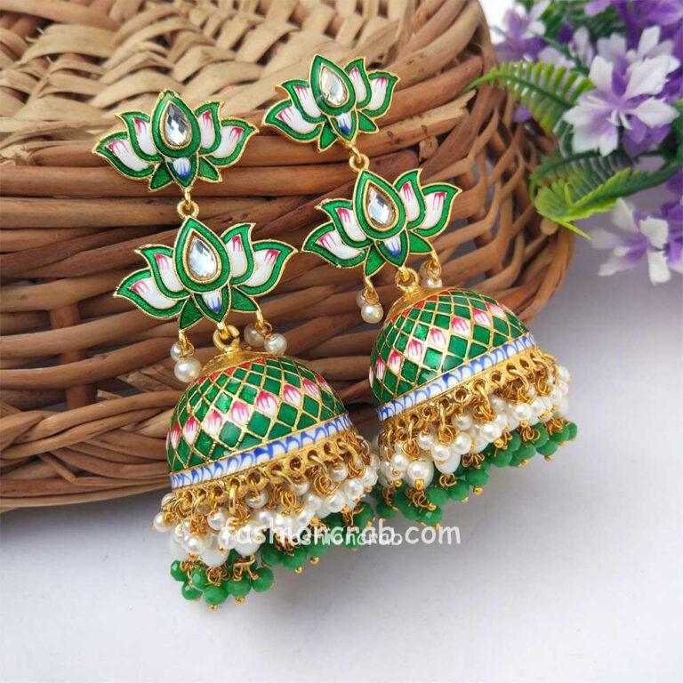 Dark Green Meenakari Lotus Jhumka Earring for Wedding