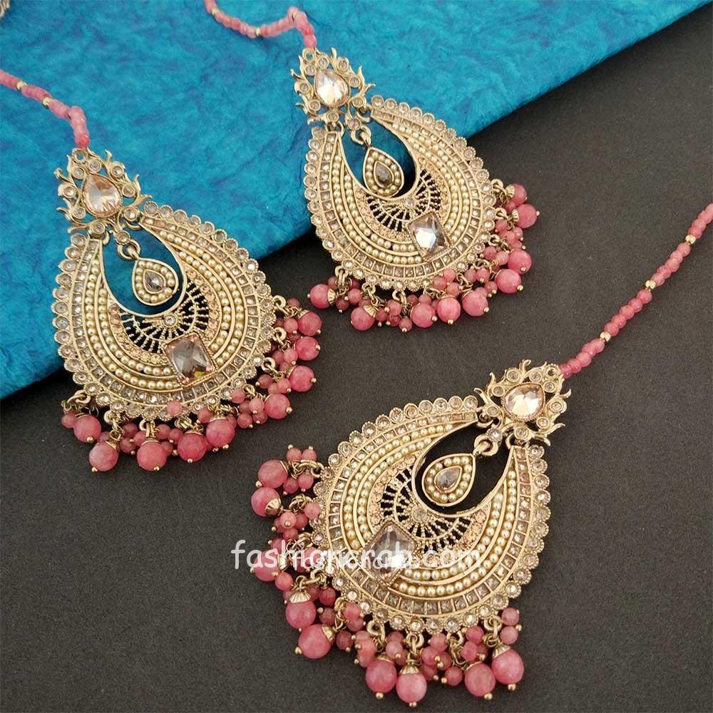 Gold Toned Handcrafted Coral Pink Pearl Earring Set with Maangtikka ...