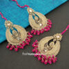 Gold Toned Handcrafted Dark Pink Pearl Earring Set with Maangtikka
