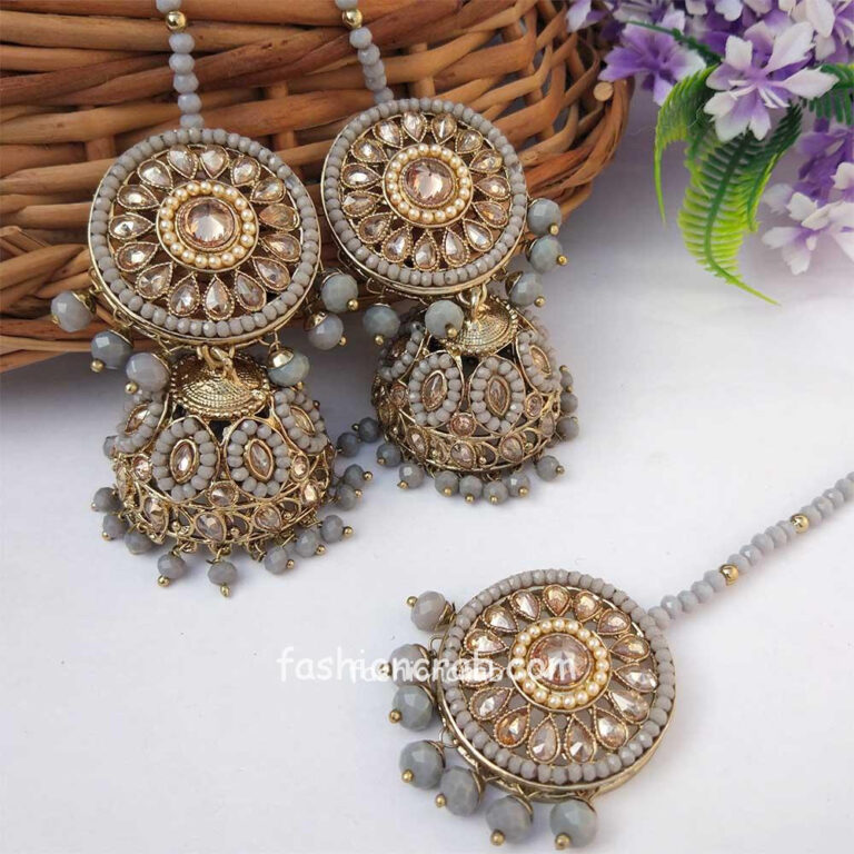 Grey Colour Jhumka Earring with Tikka for Bride | FashionCrab.com