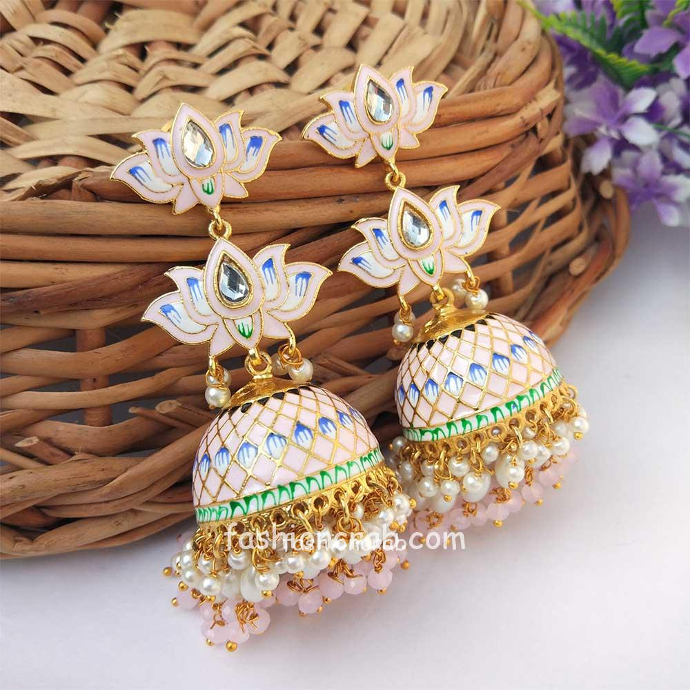 Pink Lotus Rajasthani Meenakari Jhumka Earring - Mrigangi