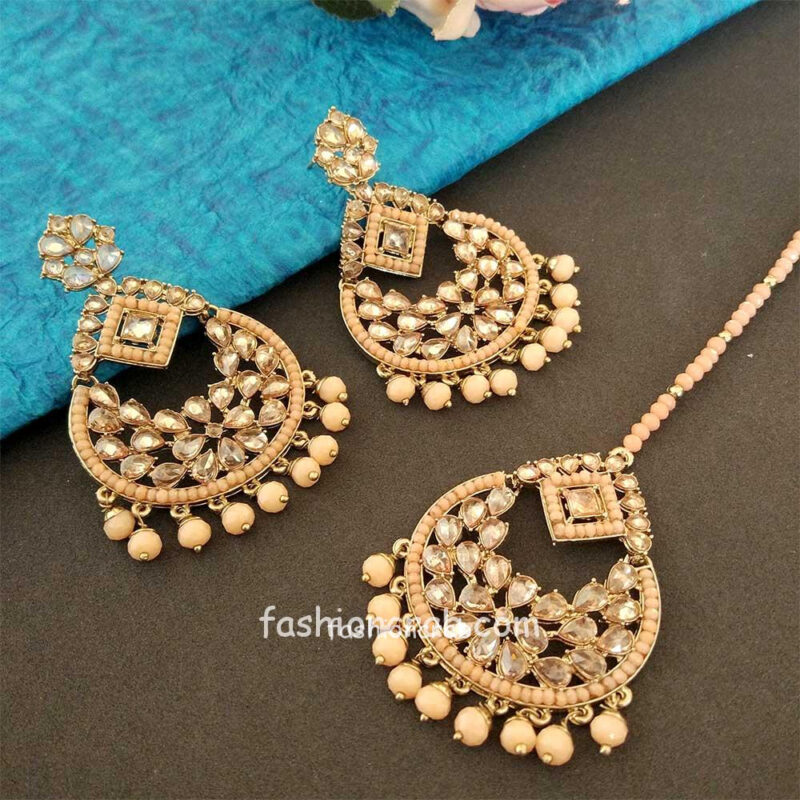 Peach Color Ethnic Maang Tikka Set with Earring for Party