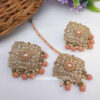 Peach Colour Stud Earrings with Maang Tikka for Party