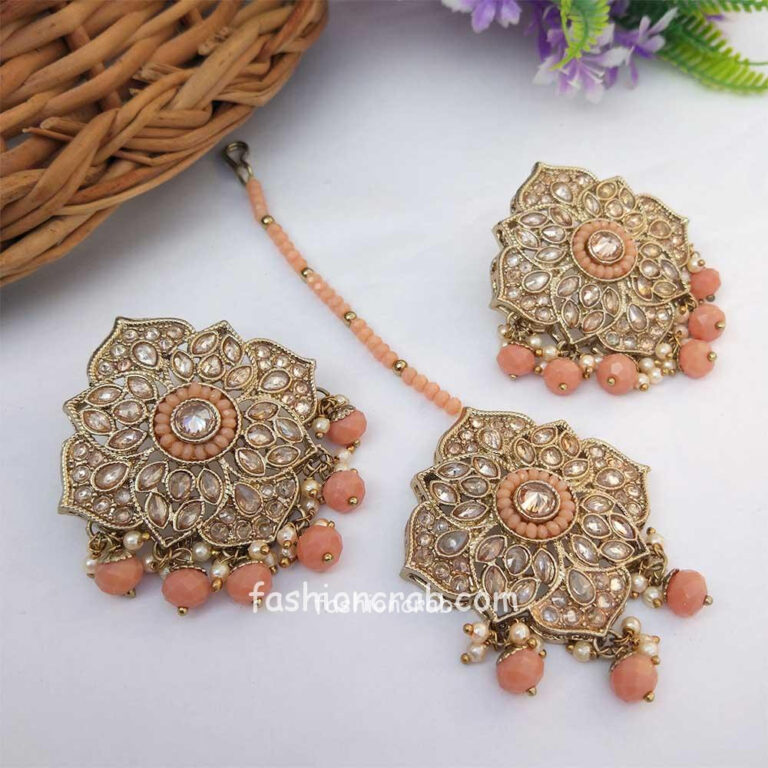 Peach Colour Stud Earrings with Maang Tikka for Party