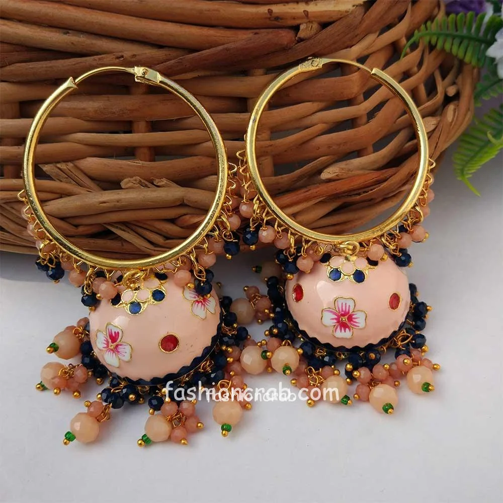 Peach Meenakari Jhumka with Golden Bali Earrings