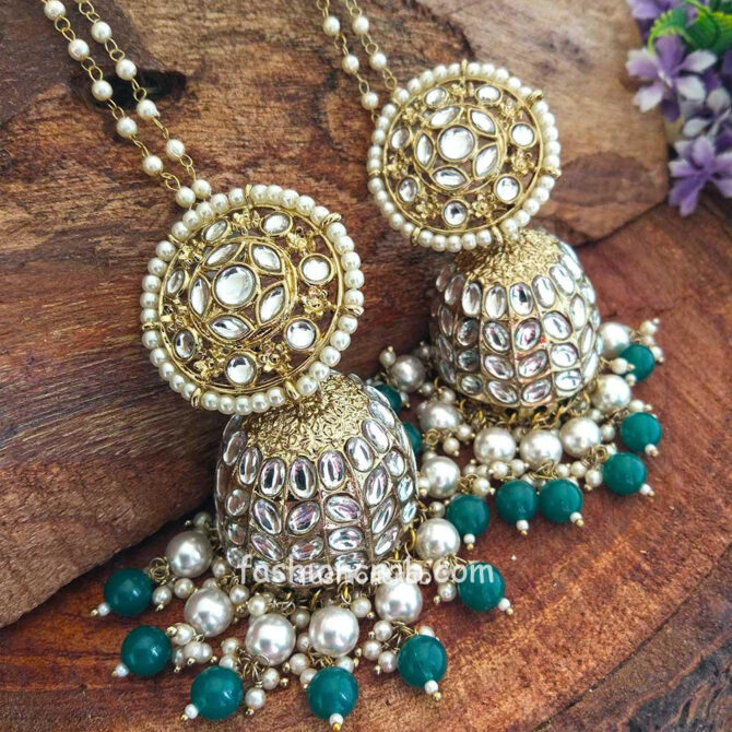 Bollywood Indian Ethnic Kundan Green Pearl Jhumka Bollywood Ethnic Lightweight Kundan Green Pearl Jhumka