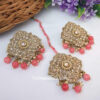 Coral Pink Colour Stud Earrings with Maang Tikka for Party