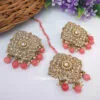 Coral Pink Colour Stud Earrings with Maang Tikka for Party