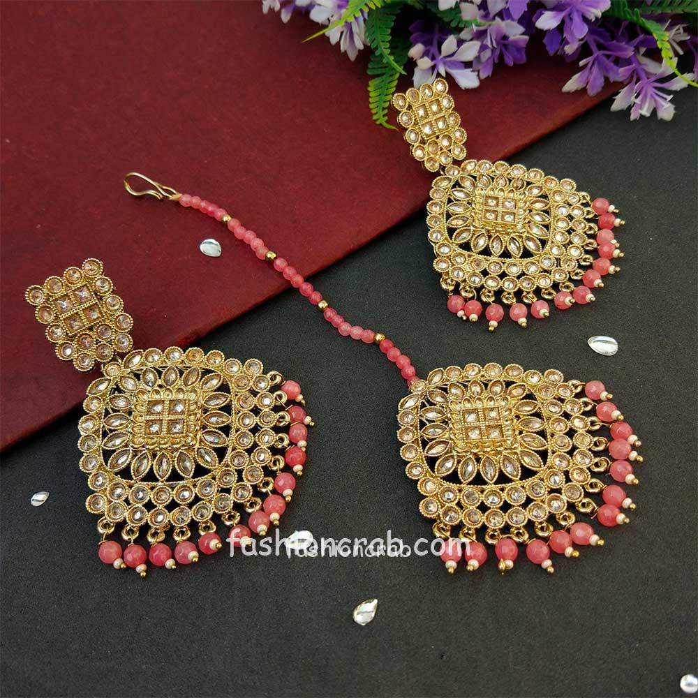 Coral Pink Pearl Polki Maang Tikka Set with Earring for Wedding