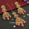 Coral Pink Polki Necklace Set with Tikka for Marriage-01 Coral Pink Polki Necklace Set with Tikka for Marriage